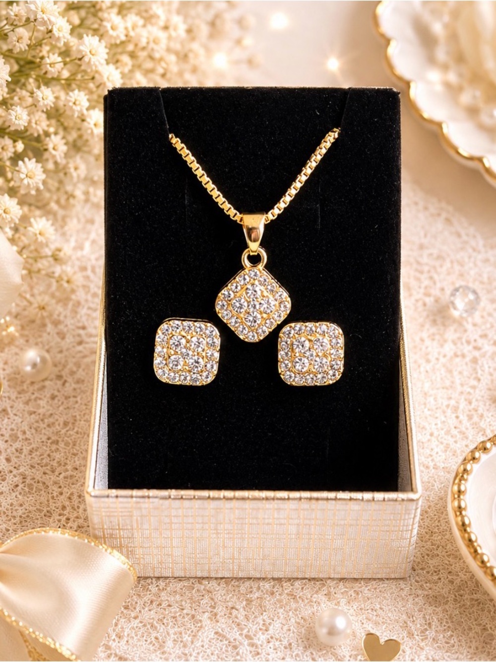 Gold-Plated White Crystal Square Pendant Necklace & Stud Earring Set -NWOT